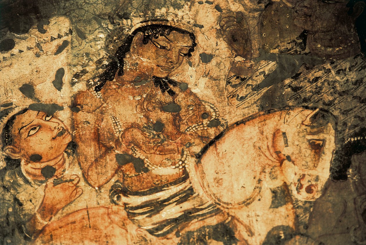 Figur av en kvinna på ryggen av en häst, Väggmålning i Ajanta-grottorna (nummer 1), Gupta-perioden, 500-600-talet (målning) av Indian School