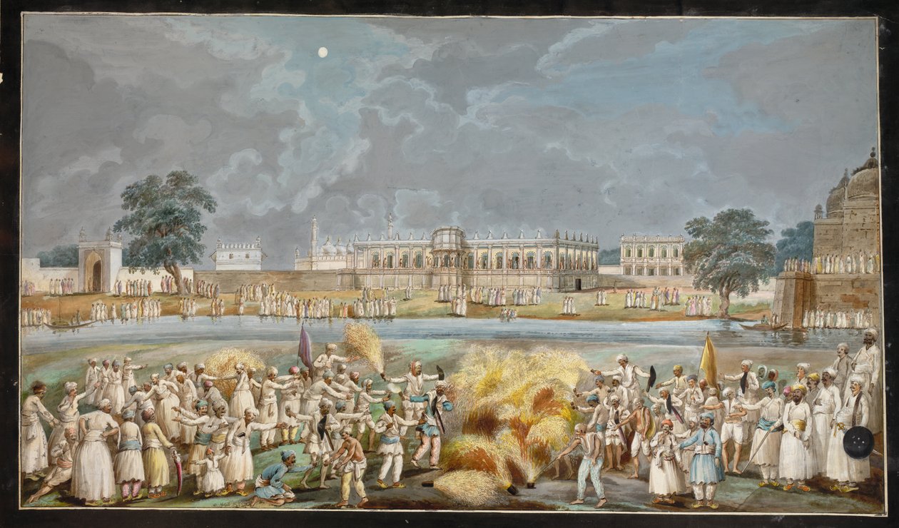 Fyrverkeri på en ljus månbelyst natt utanför Agna Mahal, en del av Nawabs palats bredvid floden i Murshidabad, ca 1790-1800 (akvarell på papper) av Indian School