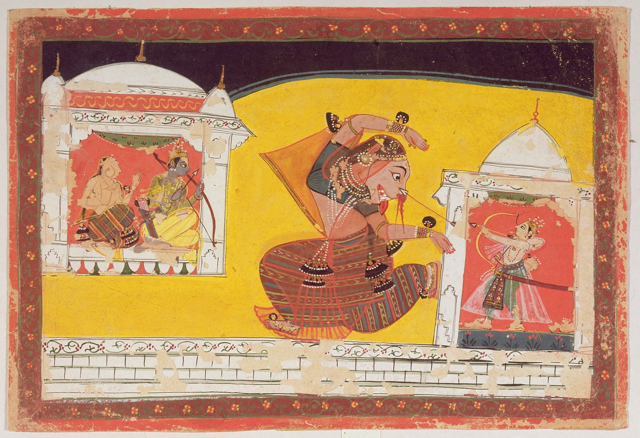 Folio 27 Laksmama skär näsan på Surpanakha, från Ramayana, inskriven på baksidan i Devanagari, Malwa, Rajput School, sent 1600-tal av Indian School
