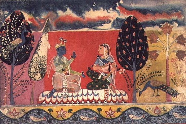 Folio 3. Radha och Krishna, från "Gita Govinda", Mewar, Rajputskolan. av Indian School