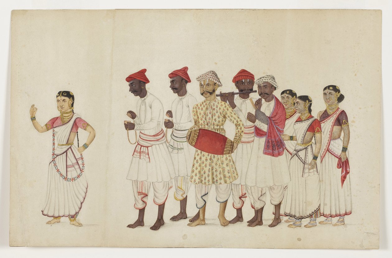 Fyra kvinnliga dansare i procession med musiker, ca 1830 (ogenomskinlig wc & guld på papper) av Indian School