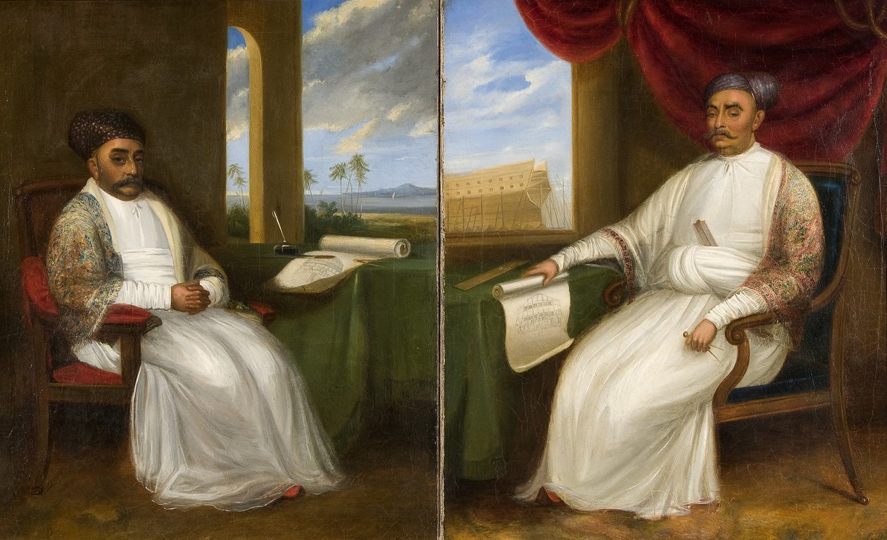 Hellängdsporträtt av Parsi-skeppsbyggaren Jamsetjee Bomanjee och hans son, Nourojee Jamsetsee, 1830 av Indian School