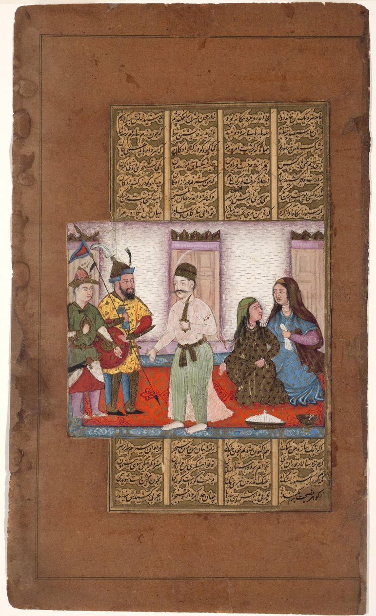 Garsivaz arresterar Bizhan i Manizhas lägenheter, ca 1610 (ogenomskinlig wc & guld på papper) av Indian School
