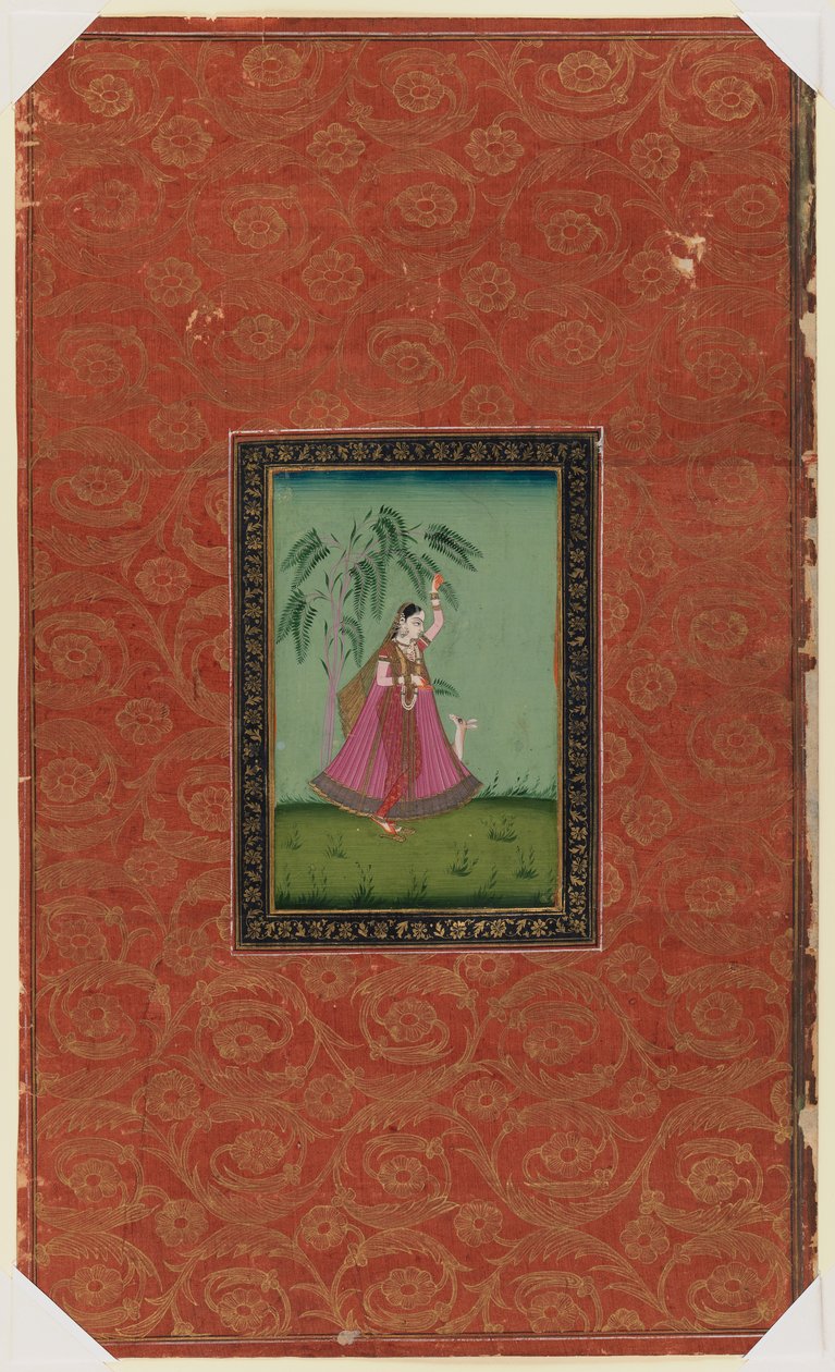 Flicka med en hjort, 1875-1900 (ogenomskinlig wc & guld på papper) av Indian School