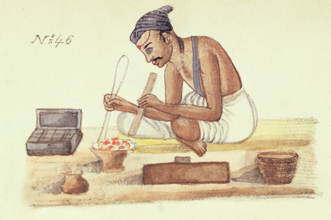 Goldsmith, från "A Digest of the different Castes of India", av Venkata Ramasvani, publicerad Madras 1837 (färg litho) av Indian School