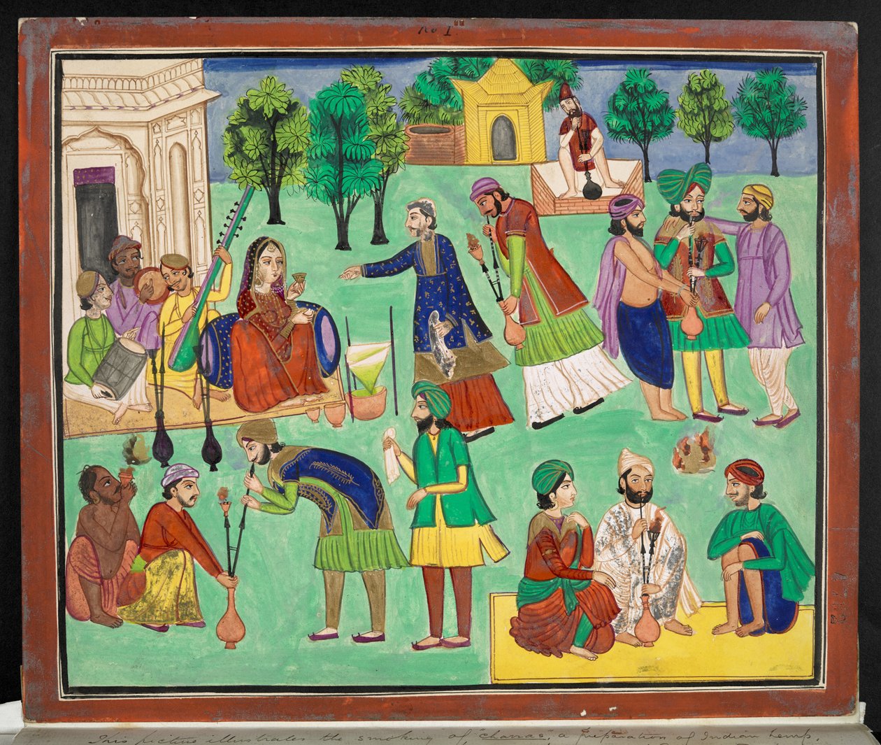 Gouache av en Amritsar-konstnär som skildrar rökningen av Charras, en typ av indisk hampa importerad till norra Indien från östra Turkestan, ca 1870 (gouache på papper) av Indian School