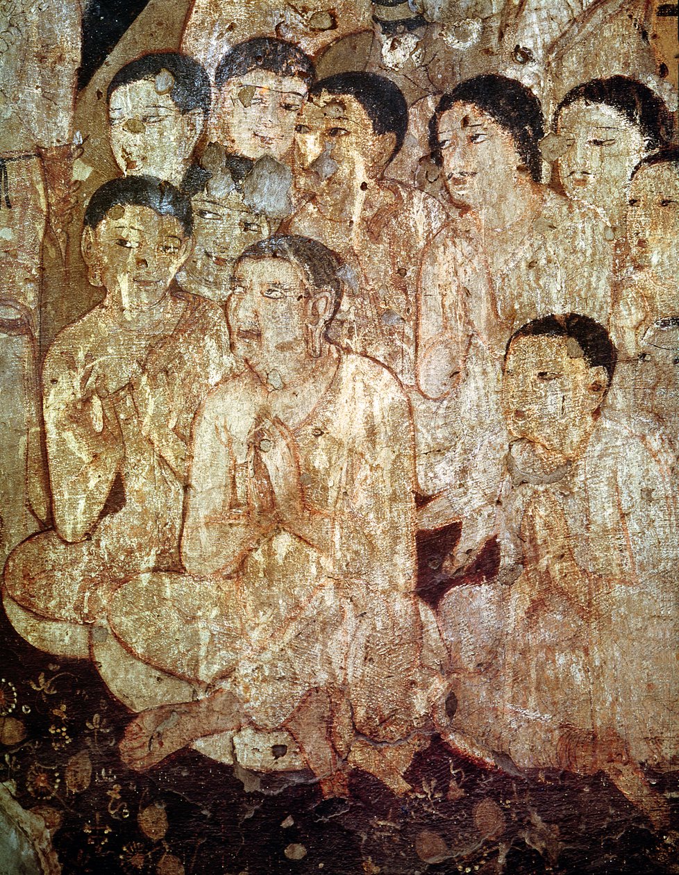 En grupp lärjungar som sörjer Buddhas död, från det inre av grotta 17 av Indian School