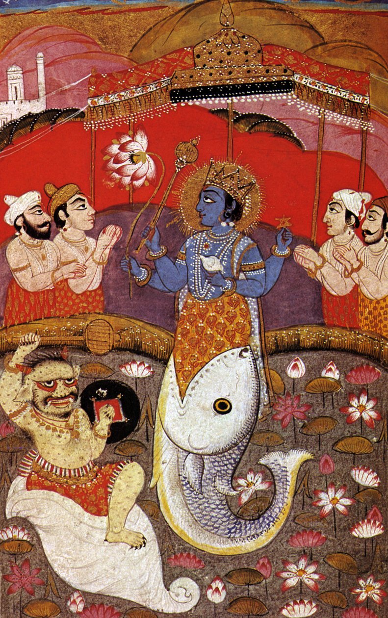 HINDUISM Vishnu, den hinduiska treenighetens andra gudom, 1900-talet (tryck) av Indian School
