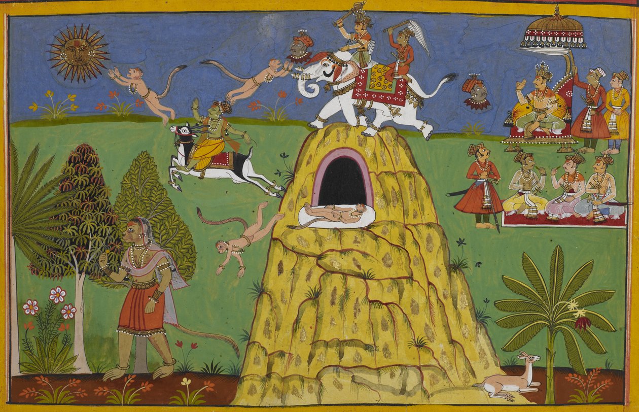 Hanuman hoppar mot solen; Indra slår honom och orsakar hans fall av Indian School