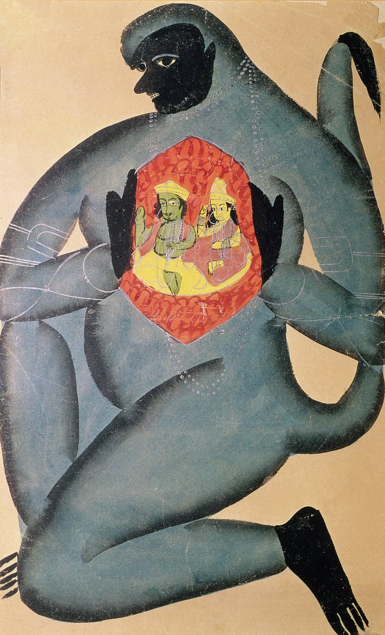 Hanuman avslöjar Rama och Sita inskrivna i hans hjärta, målad av en medlem av Patua-kasten, 1880 av Indian School