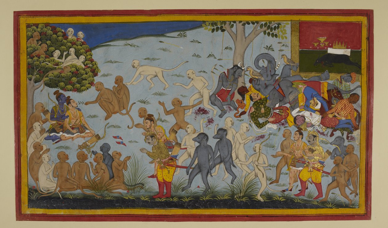 Hanumān och Vibhīṣaṇa för den skadade Lakṣmaṇa till Rāma, som helar honom av Indian School