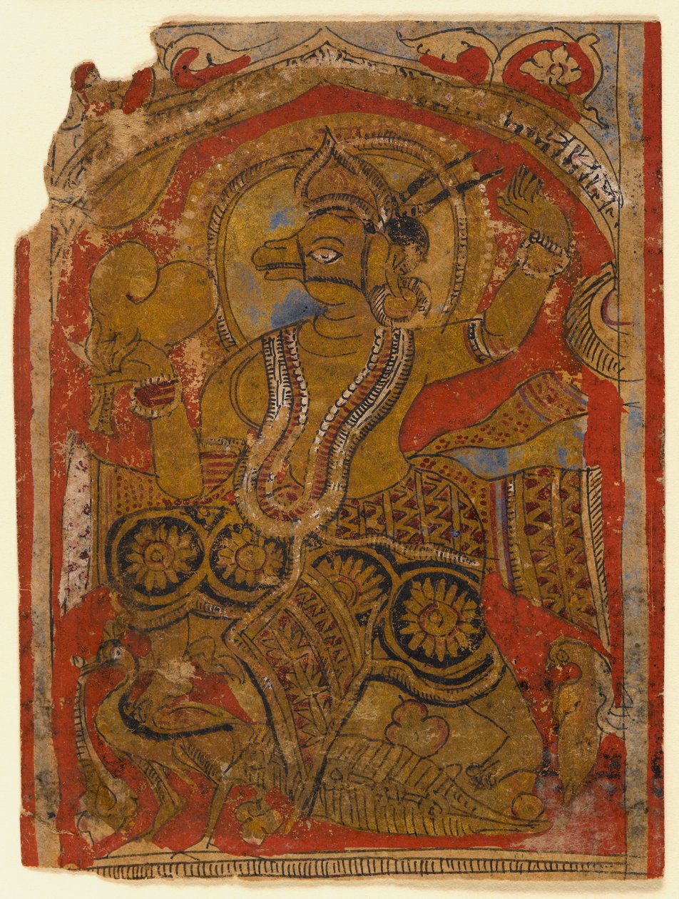 Harinegameshin bär embryot, fragment av ett blad från en spridd Kalpasutra (wc & guld på papper) av Indian School