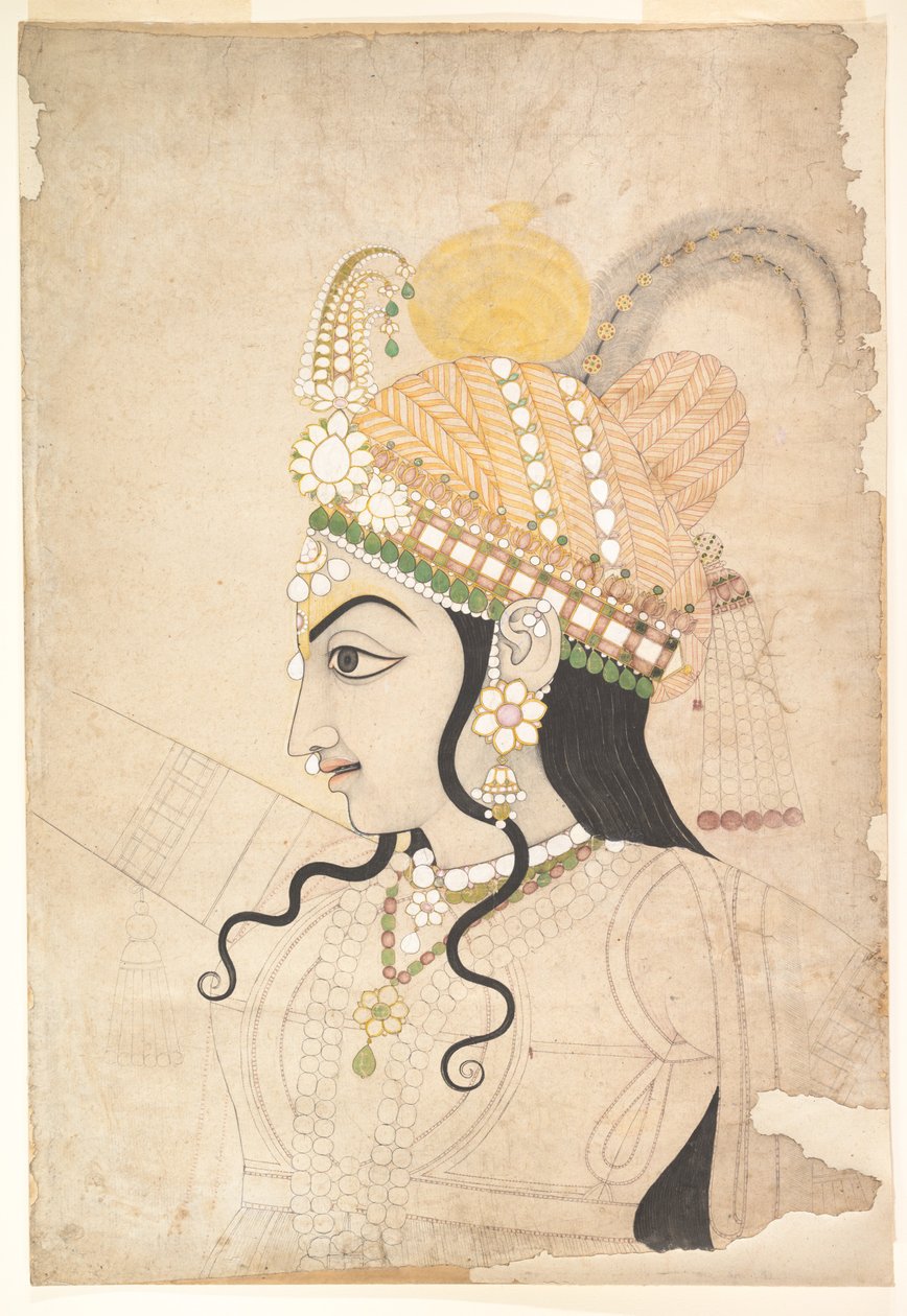 Head of Krishna: tecknad film för en väggmålning av Raslila, ca 1800 (bläck och akvarell på papper) av Indian School