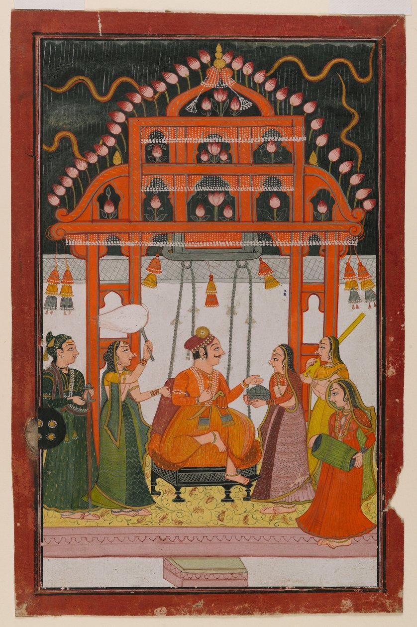 Hindola Raga, sida från en spridd Ragamala-serie, ca 1830 (wc & metallfärger på papper) av Indian School