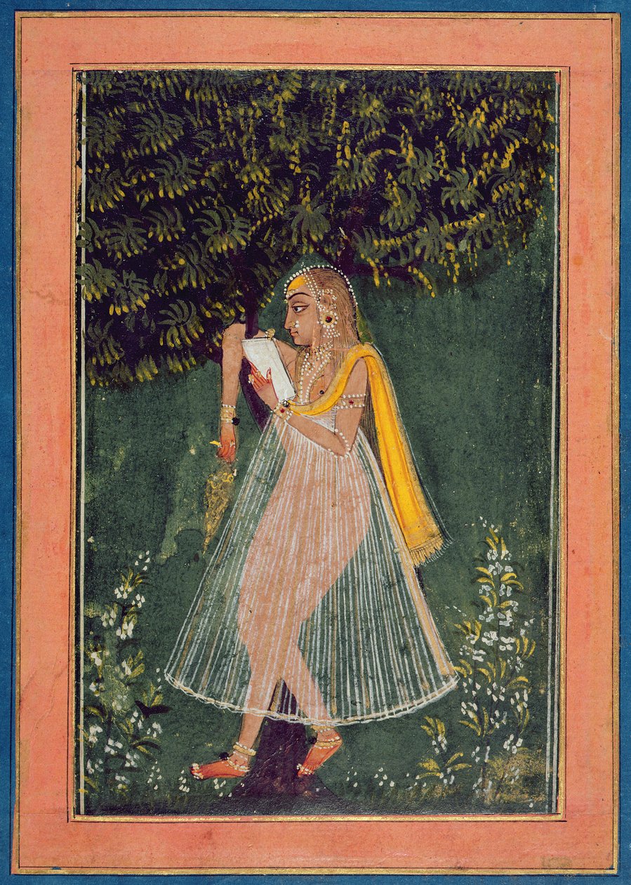 Hinduisk kvinna läser ett kärleksbrev under ett träd (gouache, bläck  guld på papper) av Indian School