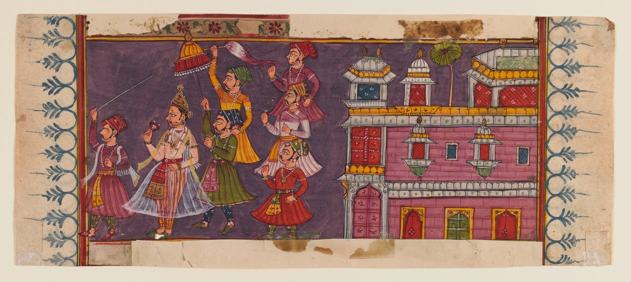 Heliga män och hovmän samlas före en prins (ogenomskinlig wc & guld på papper) (se 406510 för tergo) av Indian School