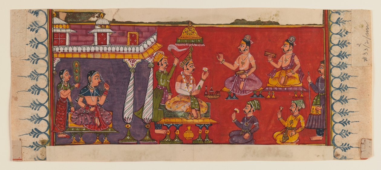 Heliga män och hovmän samlas inför en prins (ogenomskinlig wc & guld på papper) (se 406509 för recto) av Indian School