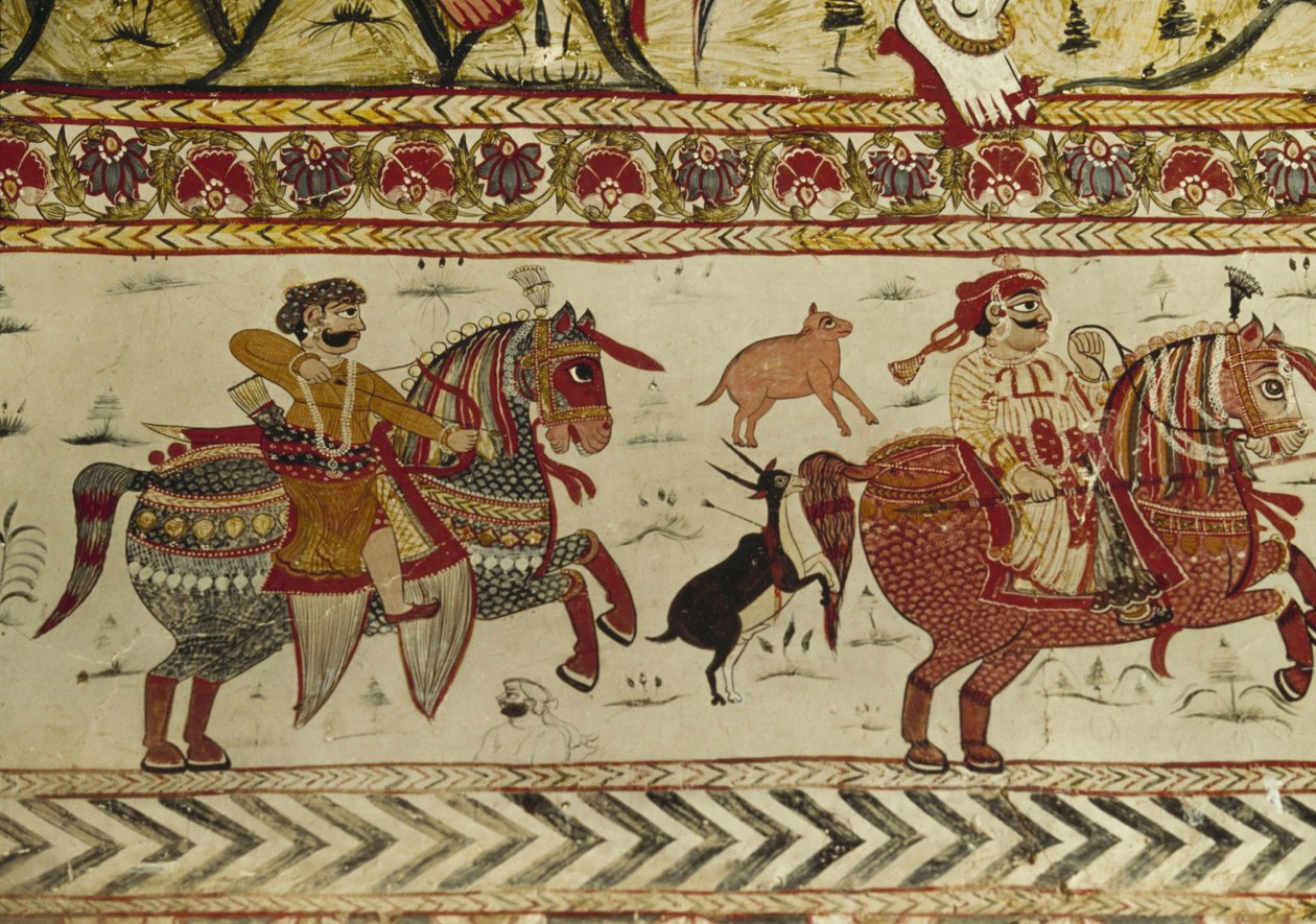 Jaktscen, Laxminarayan-templet, Orchha, Madhya Pradesh, Indien (fresk) av Indian School