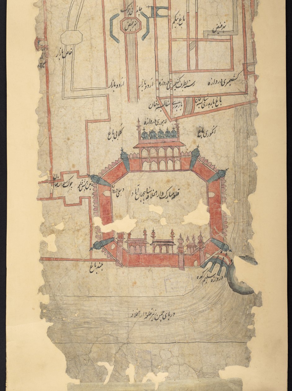 IO Islamic 4725 Fort of Delhi och området i norr, avsnitt från en rulla som skildrar "Ruten från Delhi till Kandahar" (bläck och färg på papper) av Indian School