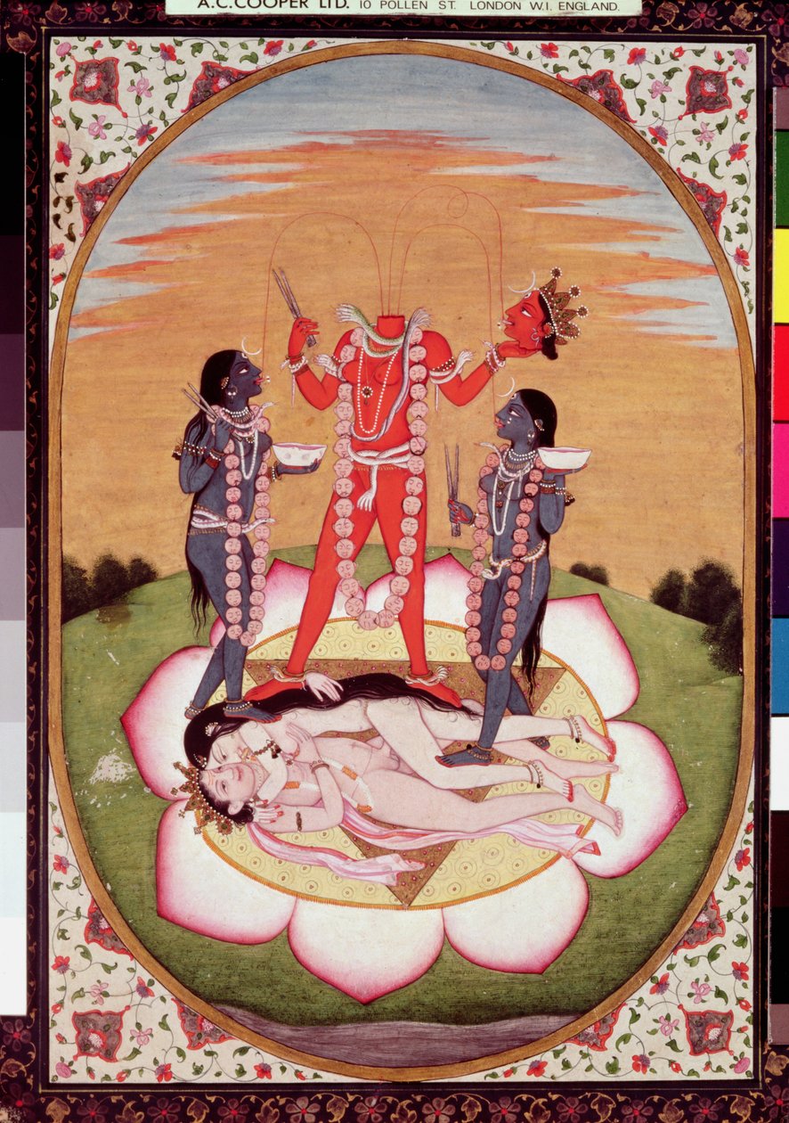 Ikon av Chinnamasta, Mahavidya som härrör från de sammanfogade kropparna av ursprungsparet, Kangra, ca 1800 (gouache på papper) av Indian School
