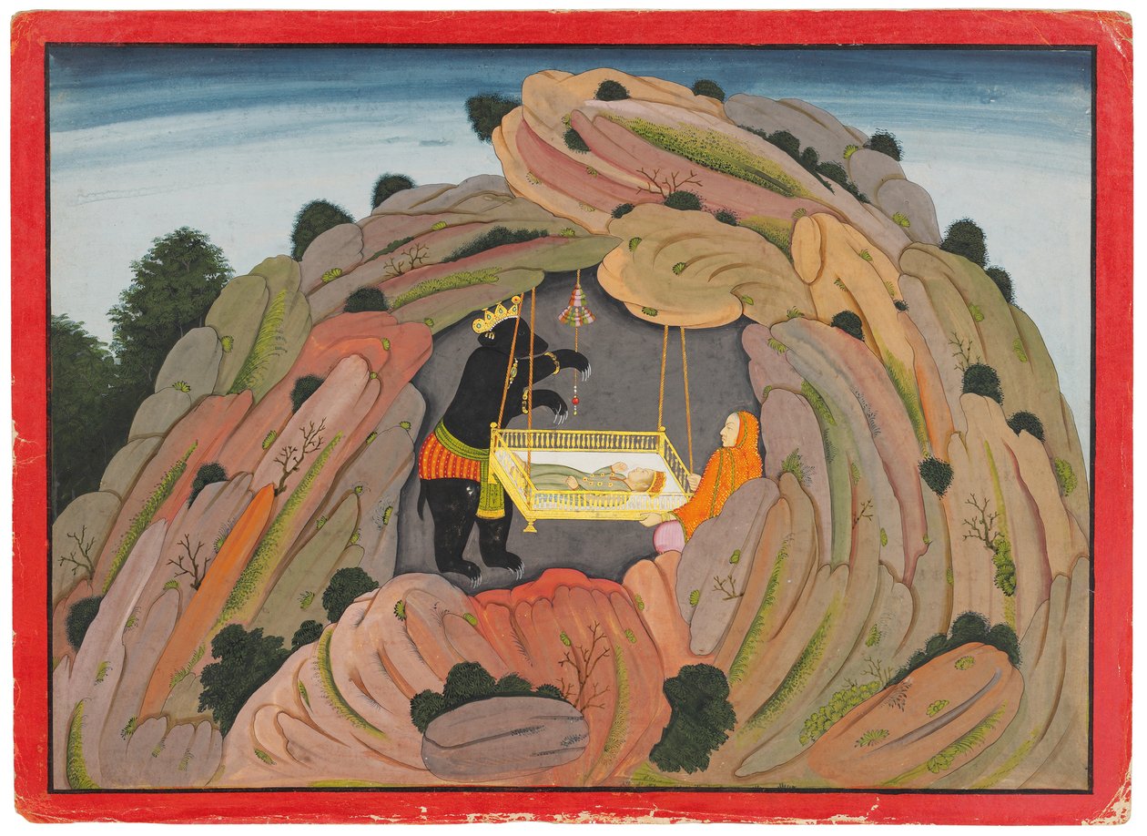 Illustration till Bhagavata Purana: Jambavan ger Symantaka juvelen till sin dotter att spela, ca 1760-65 av Indian School