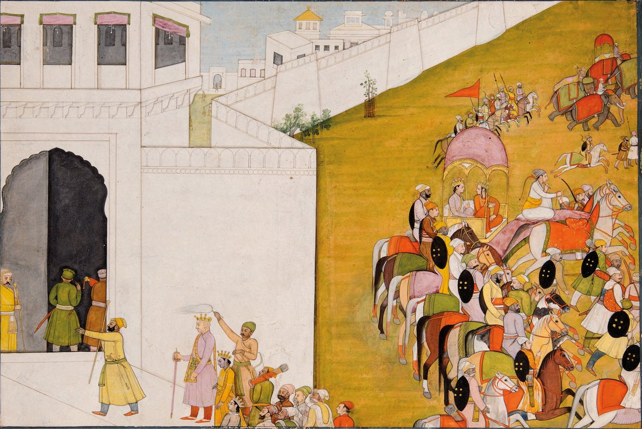 Illustration till Ramayana: Rama går in i Mithila för att utföra en bågskyttetävling, ca 1775-80 av Indian School