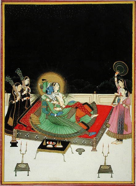 I. 67.23 Radha och Krishna beundrar sig själva i spegeln, ca 1800 (vellum) av Indian School