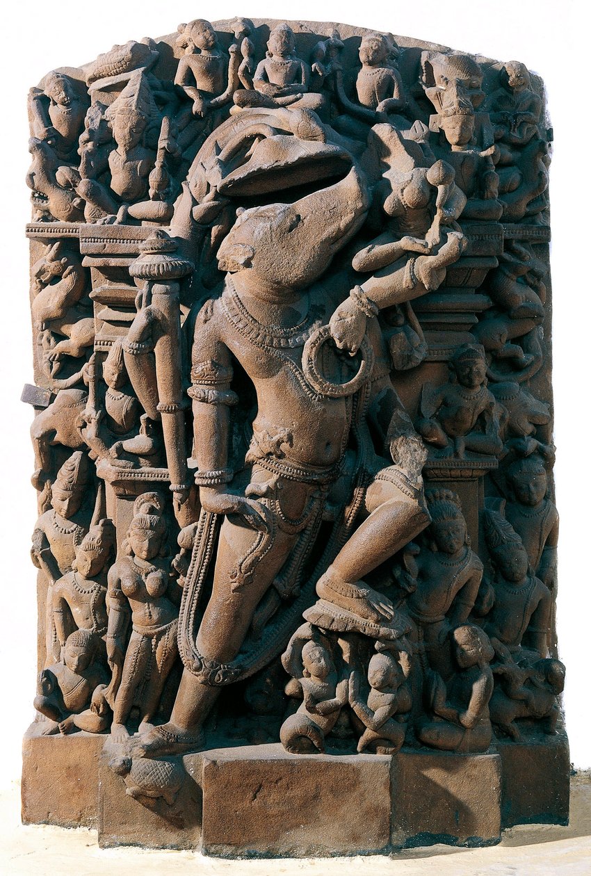 Indisk konst: den hinduiska gudomliga Vishnu i form av en galt. Från Khajuraho, Indien. Chandela period av Indian School