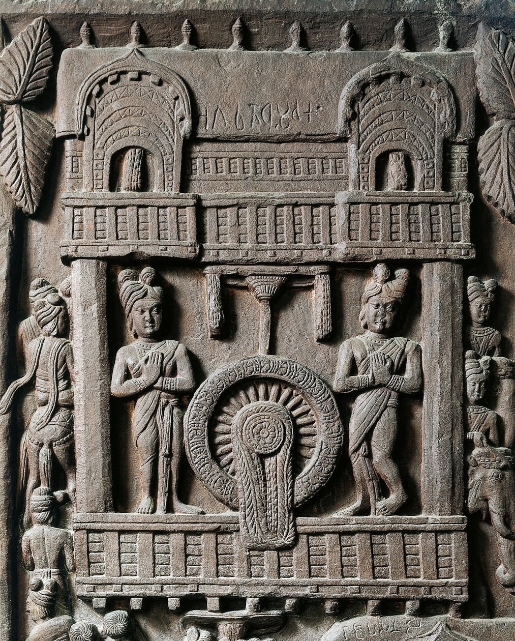 Indisk konst, hinduism: lågrelief som representerar kung Prasenjit II:s sista besök hos Gautama Buddha (Buddha). 2:a århundradet f.Kr. Kolkata, indiskt museum av Indian School