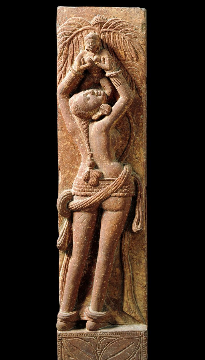 Indisk konst: reliefstrumpor som föreställer en mor och hennes barn. Period Kouchane (Kuchan eller Kushan) 1:a århundradet - New Delhi, nationalmuseum av Indian School