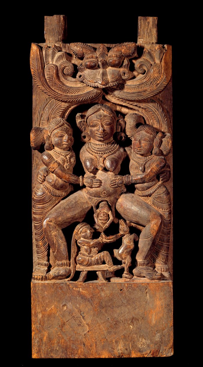 Indisk konst: representation av Mahamai, modergudinna, födande. Trärelief från 1700-talet Privat samling av Indian School