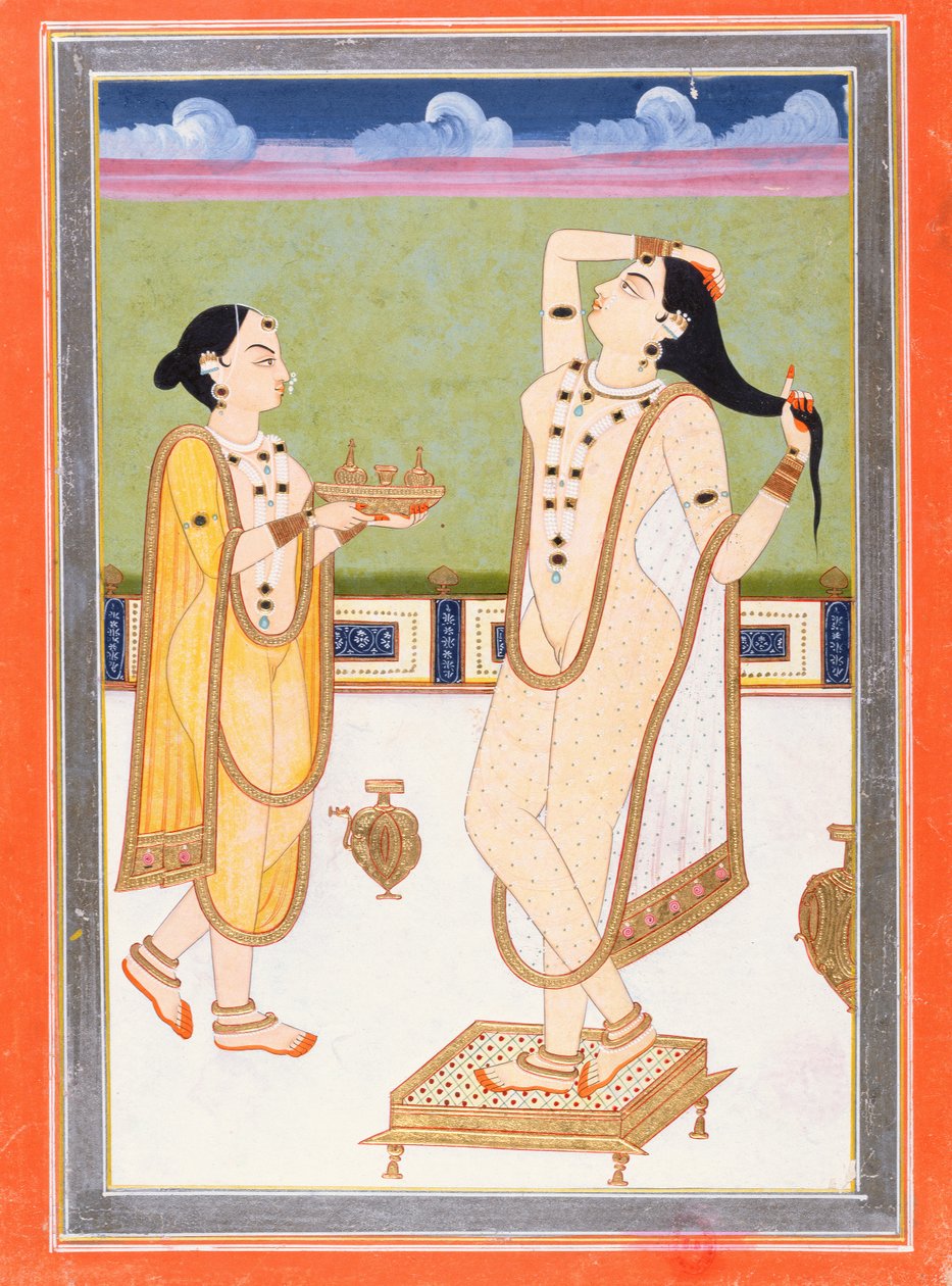 Indisk dam på hennes toalett (gouache & bladguld på papper) av Indian School