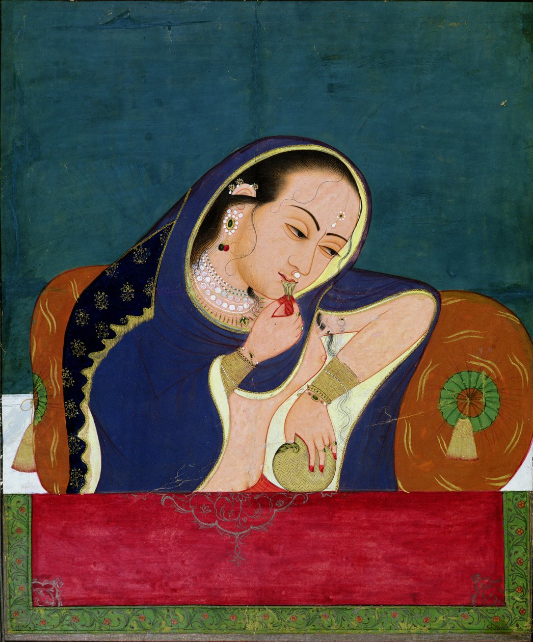 Intoxicated Lady at a Window, sent 1700-tal (ogenomskinlig wc & guld på papper) av Indian School