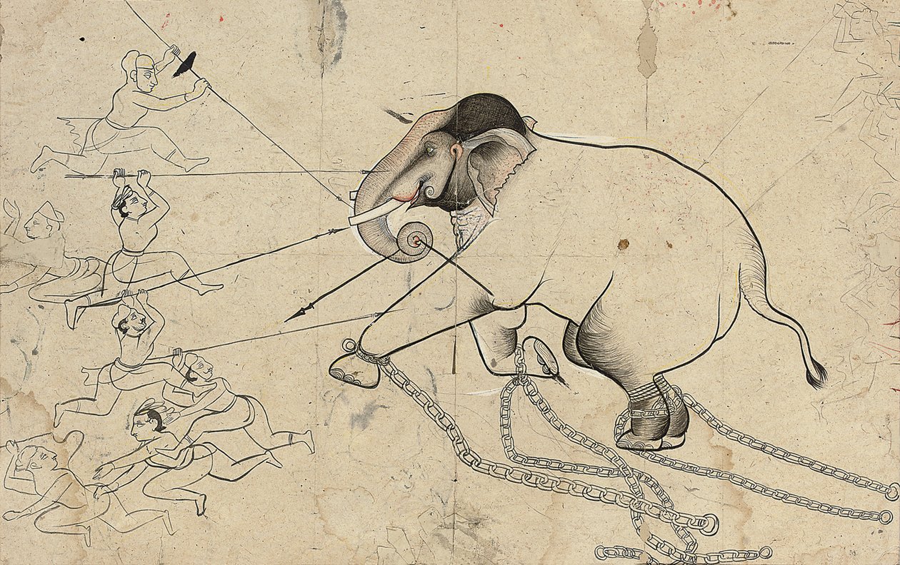Isarda eller kotah förberedande teckning av tämjandet av en elefant, ca 1720 av Indian School