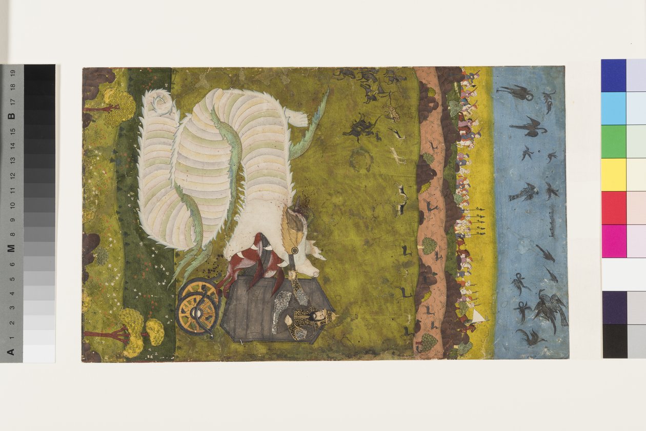 Isfandiyar attackerar draken, ca 1760 (ogenomskinlig wc & guld på papper) av Indian School