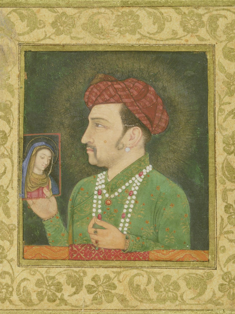 Jahangir håller i en bild av madonnan, med inskription på persiska: Janhangir Shah, mogul av Indian School