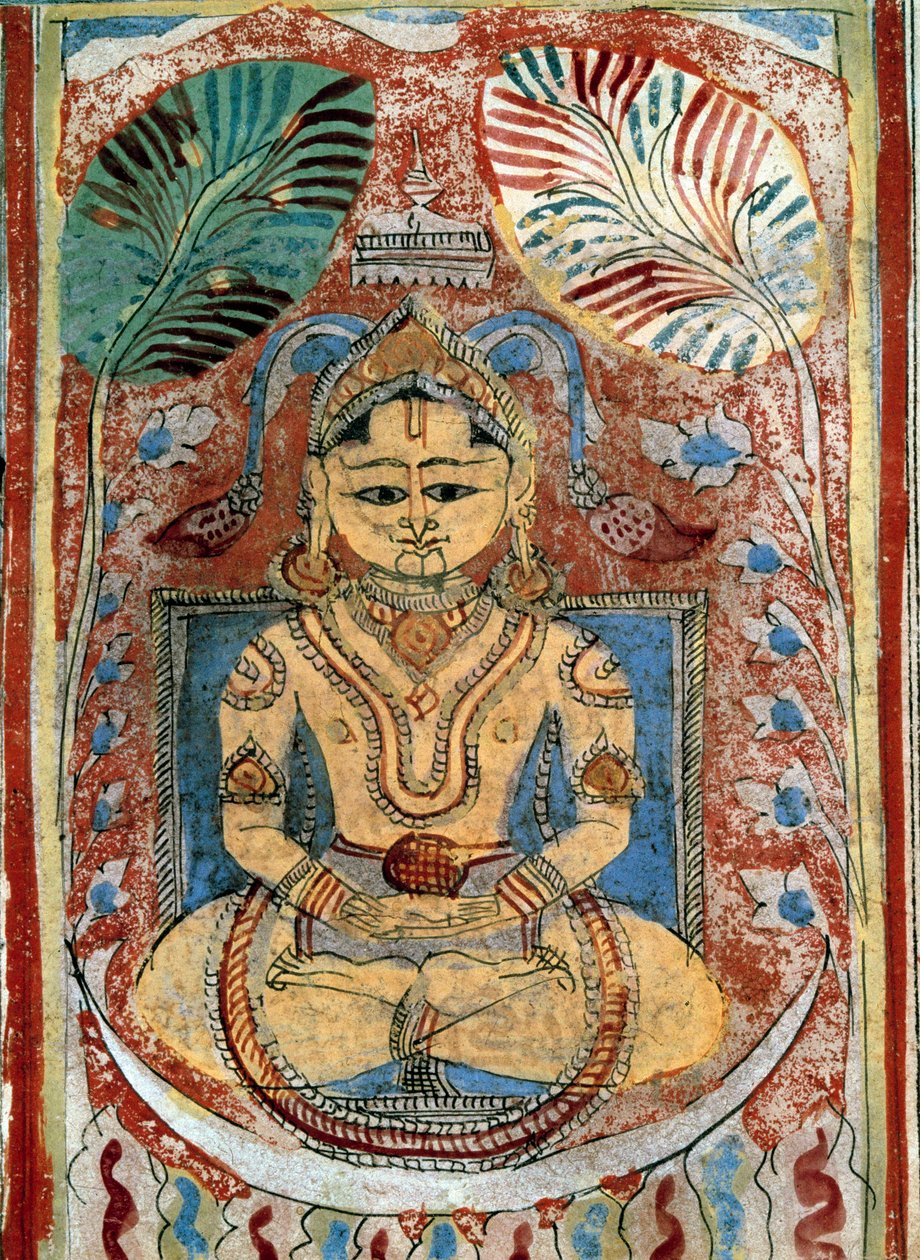 Jainism (jinism): representation av en Jain-profet (andlig ledare). Manuskriptsida från "" Kalpasutra"" av Bhadrabahu (433-357 f.Kr.) 1453 Paris, B.N. av Indian School
