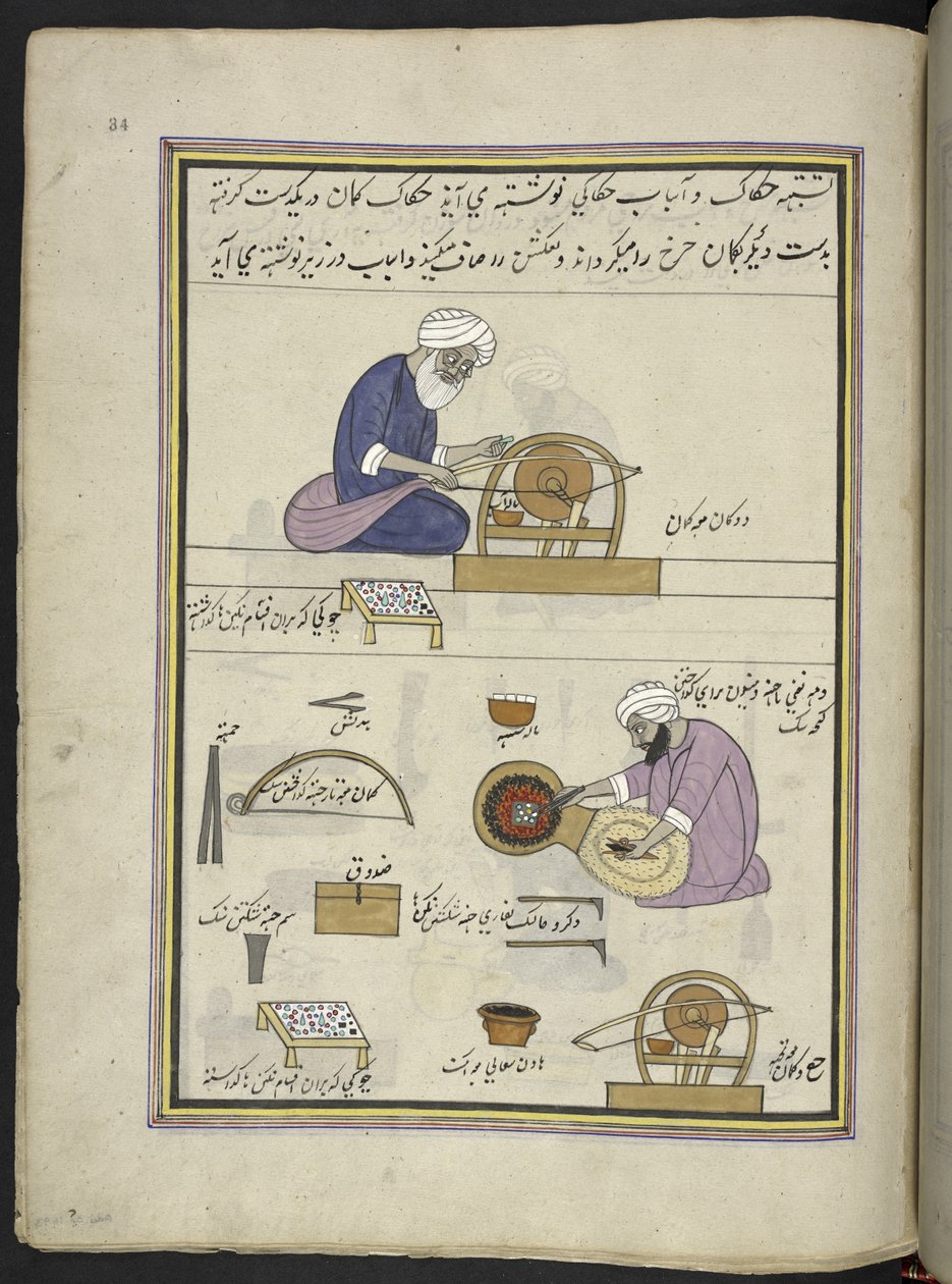 Juvelerare som polerar ädelstenar,  86 teckningar inbundna i en volym som visar yrken och yrken i Kashmir, hantverkare visas i arbete med sina redskap och utrustning,  Av en Kashmir-konstnär, troligen i Srinagar, ca 1850-60 (gouache på papper) av Indian School