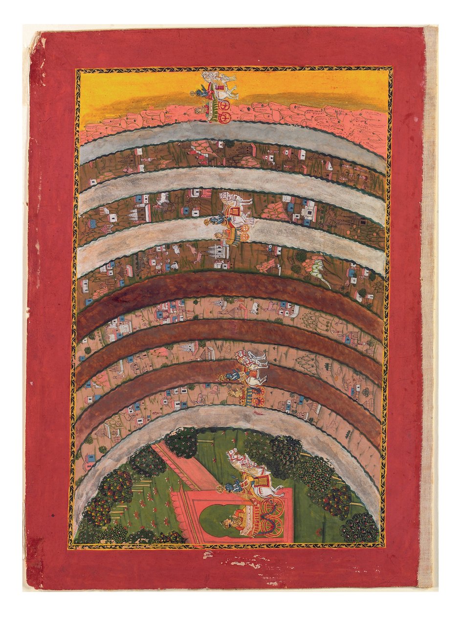 Resa genom okända länder, från Krishnas resor i hans vagn, ca 1750 (ogenomskinlig wc, guld & silver på papper) av Indian School