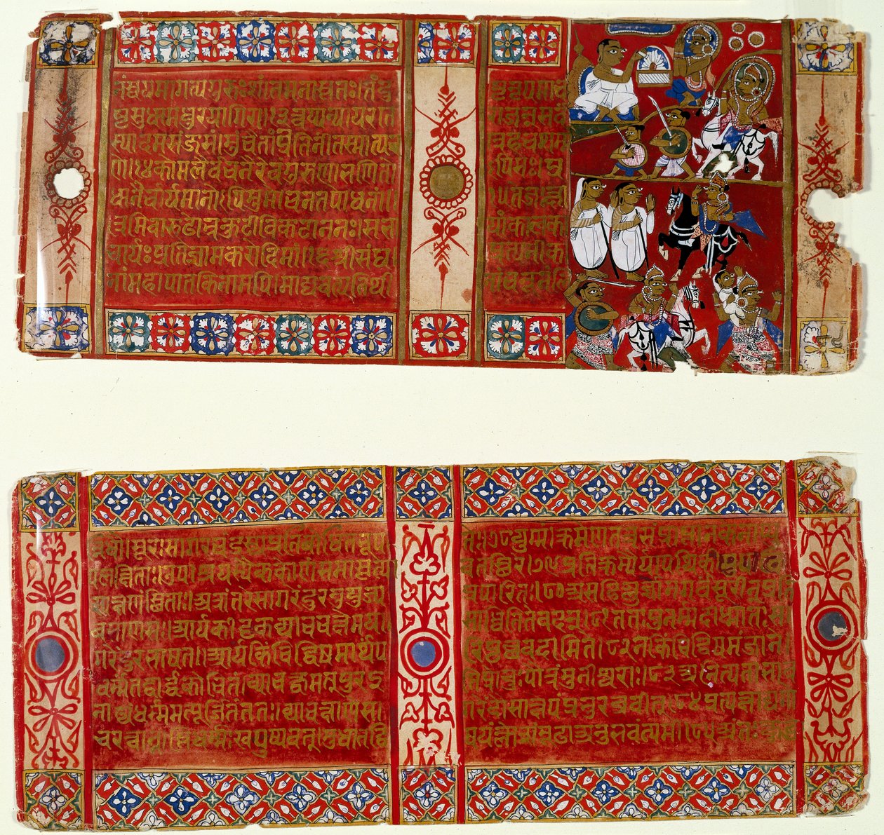 Kalaka blir en jainmunk; Kalaka Abducts the Nun, två blad från ett spritt Jain-manuskript av Kalakacharya-katha, Uttar Pradesh, ca 1465 (wc & guld på papper) av Indian School