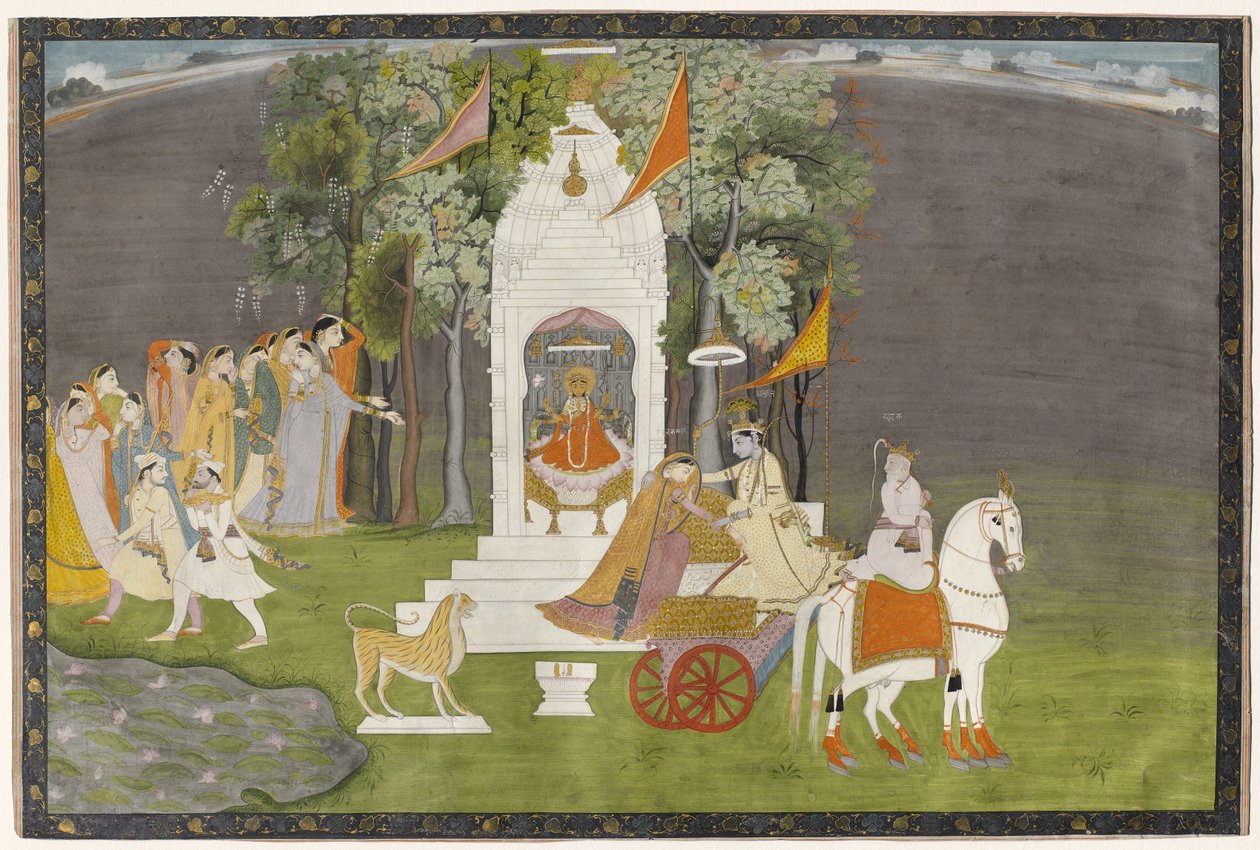 Krishna bortför Rukmani från templet, ca 1810 (gouache med guld på papper) av Indian School