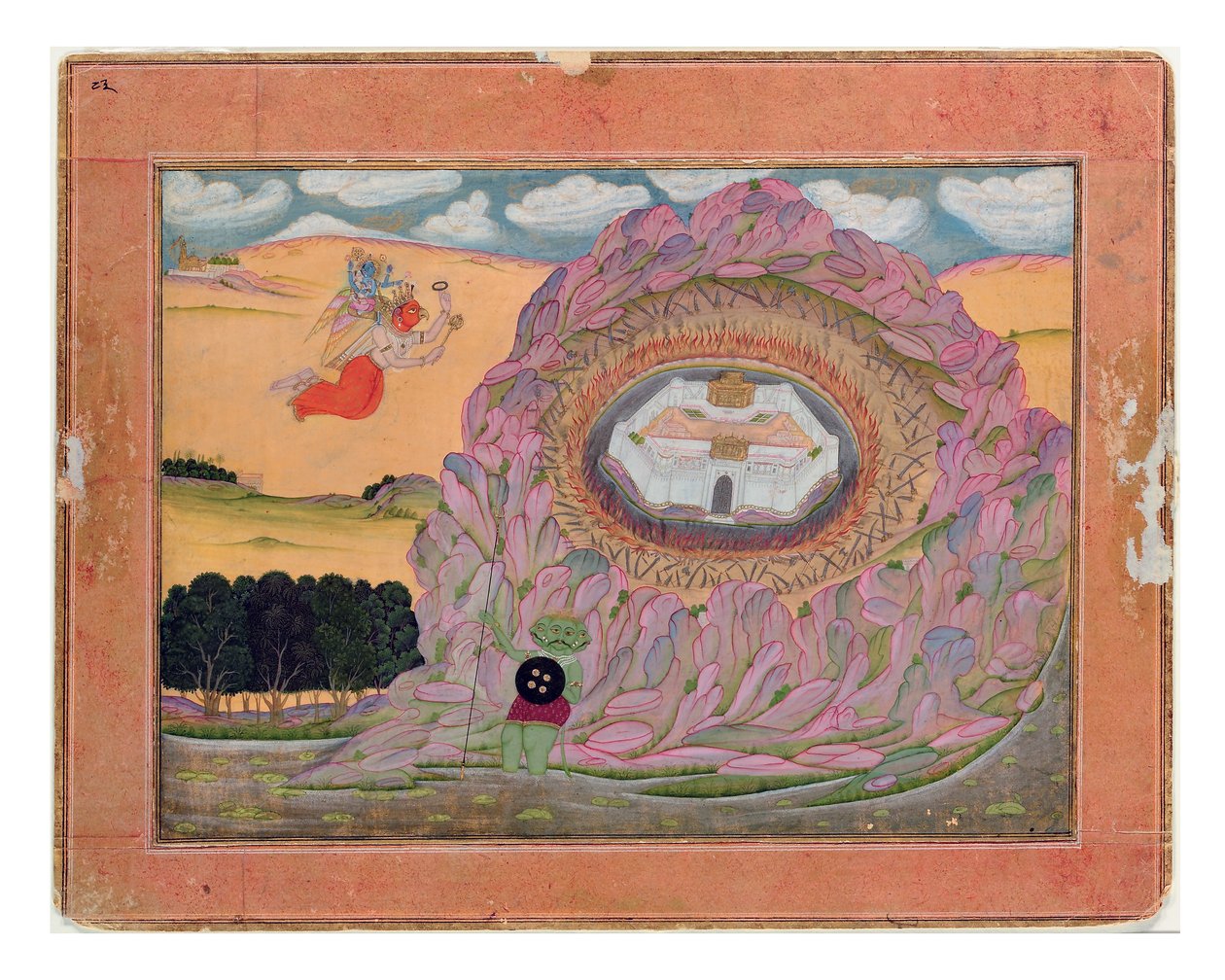 Krishna närmar sig citadellet i Naraka, ca 1710 (ogenomskinlig wc & guld på papper) av Indian School