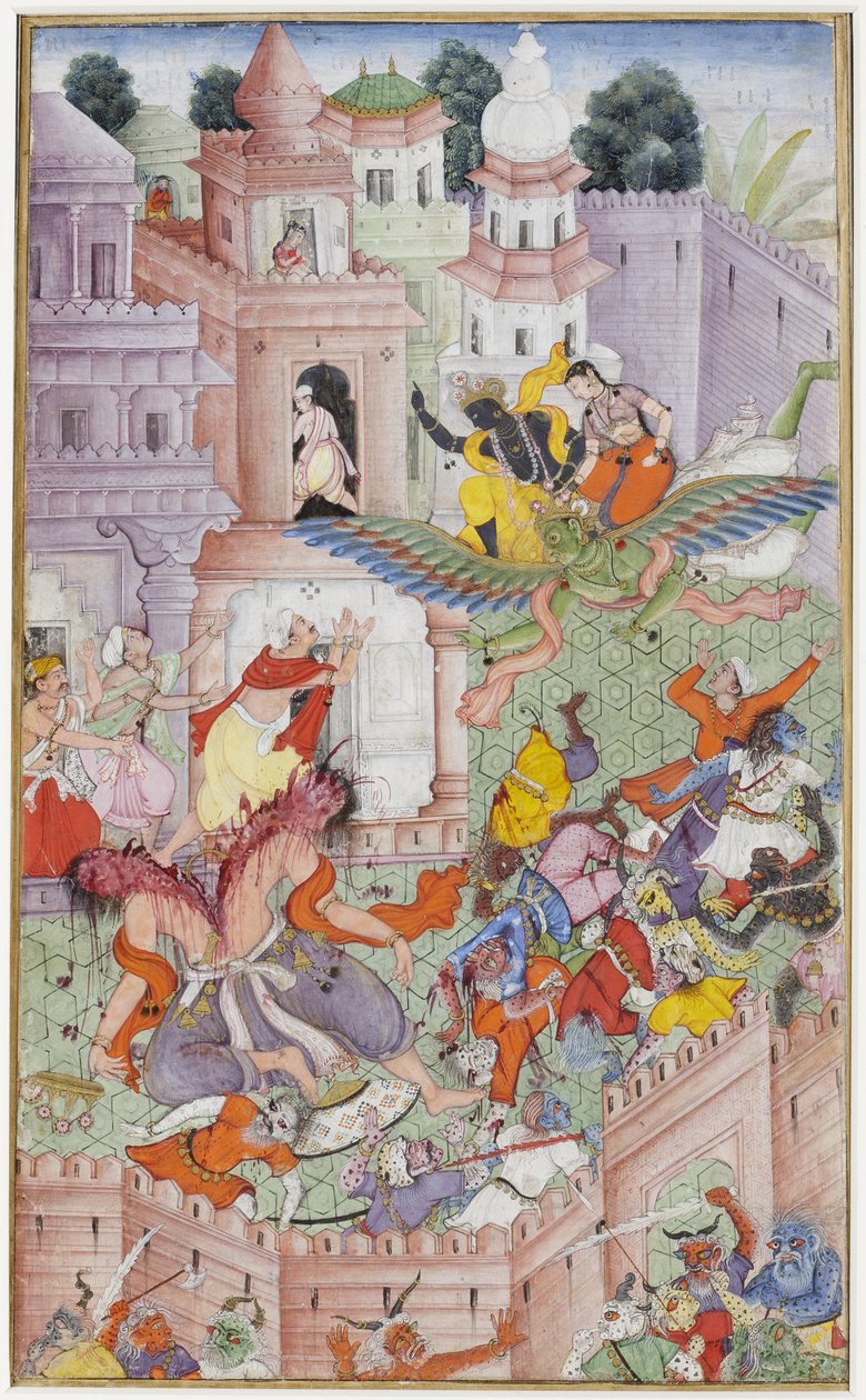 Krishna klyver demonen Narakasura med sin diskus, ca 1585-90 (ogenomskinlig wc & guld på papper) av Indian School