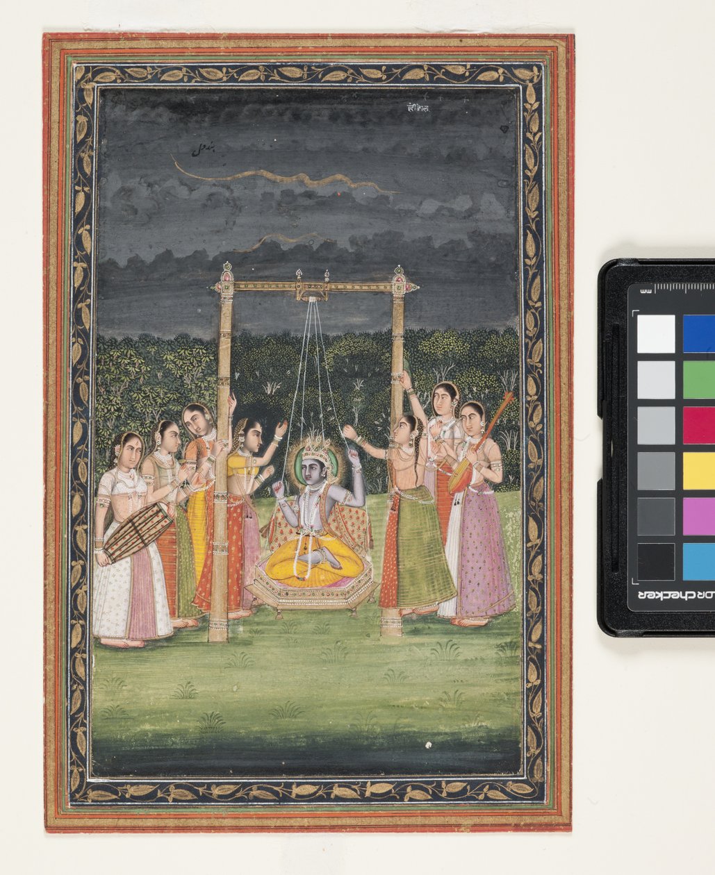 Krishna Rendezvous With Gopis (gouache och bladguld på papper) av Indian School