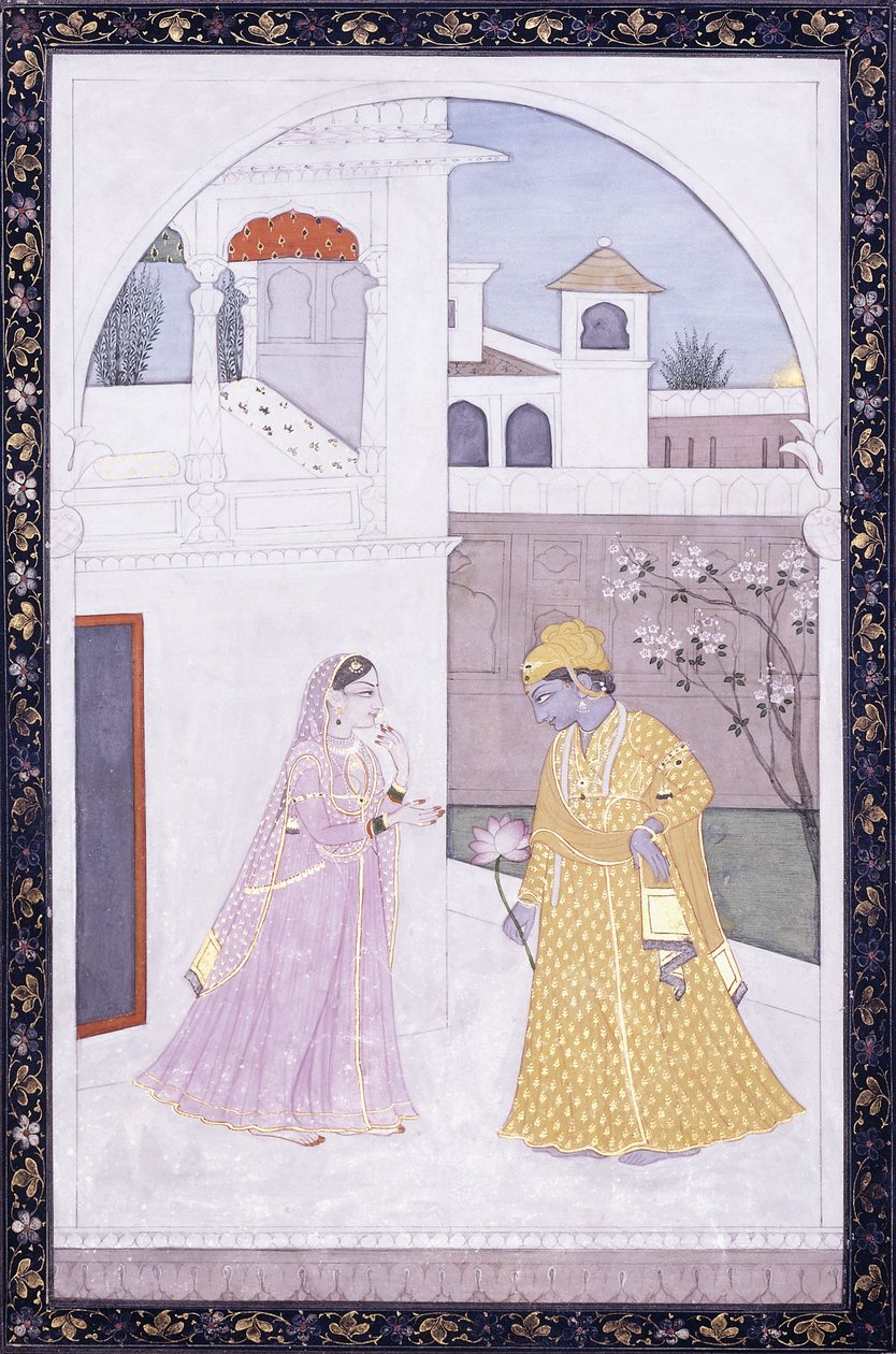 Krishna står och håller en lotusblomma, hans älskare i en rosa sari, ca. 1800 av Indian School