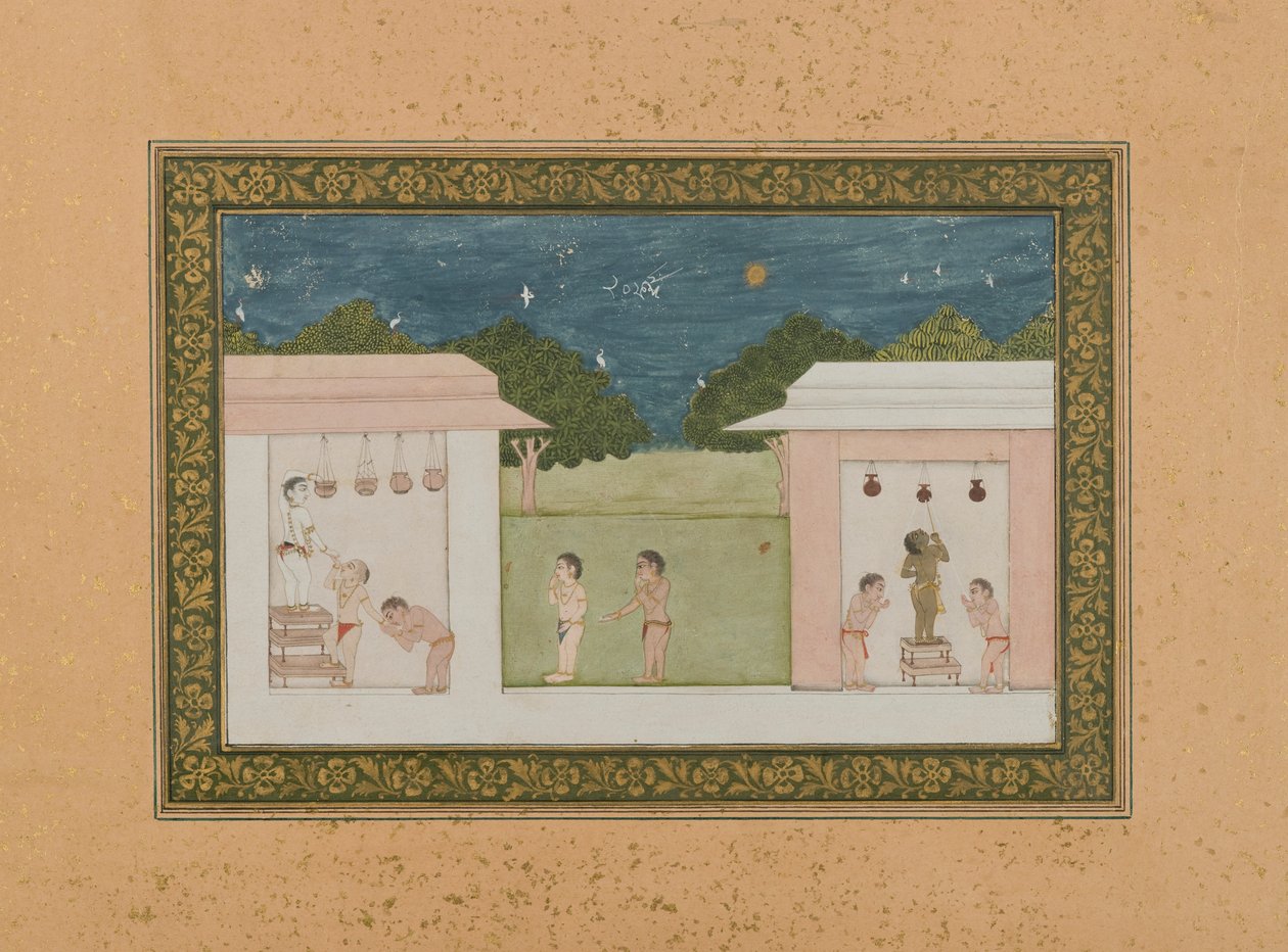 Krishna Stealing Curds, ca 1775 (ogenomskinlig wc & guld på papper) av Indian School