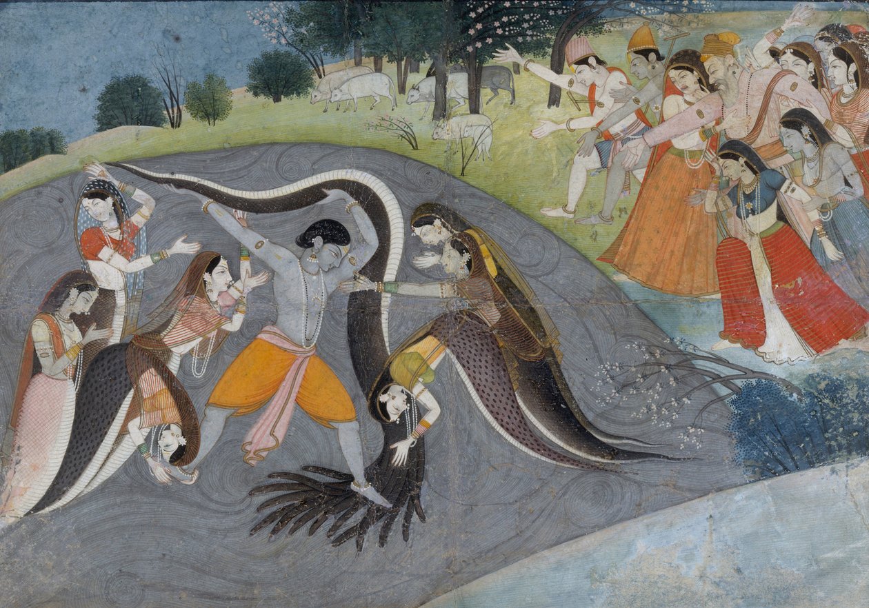 Krishna underkastar Kaliya, ormdemonen, ca 1785 av Indian School