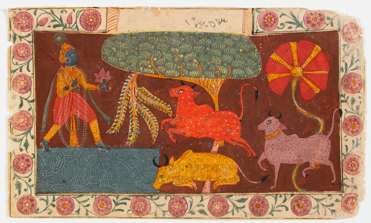 Krishna och kor vid en damm, från en Bhagavata Purana (ogenomskinlig wc på papper) av Indian School