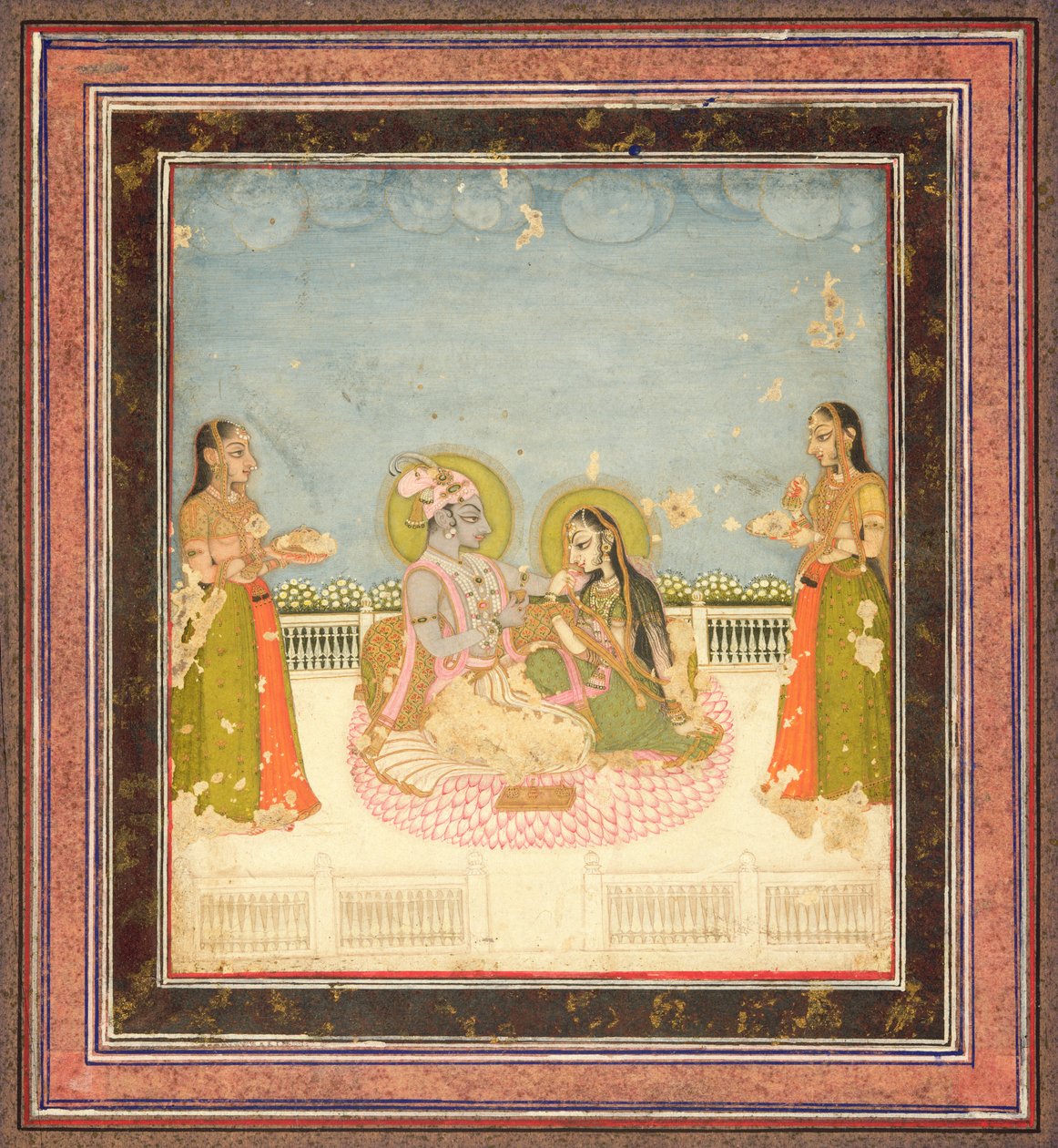 Krishna och Radha sittande på en terrass, ca 1760-75 (wc, guld & silver på papper) av Indian School