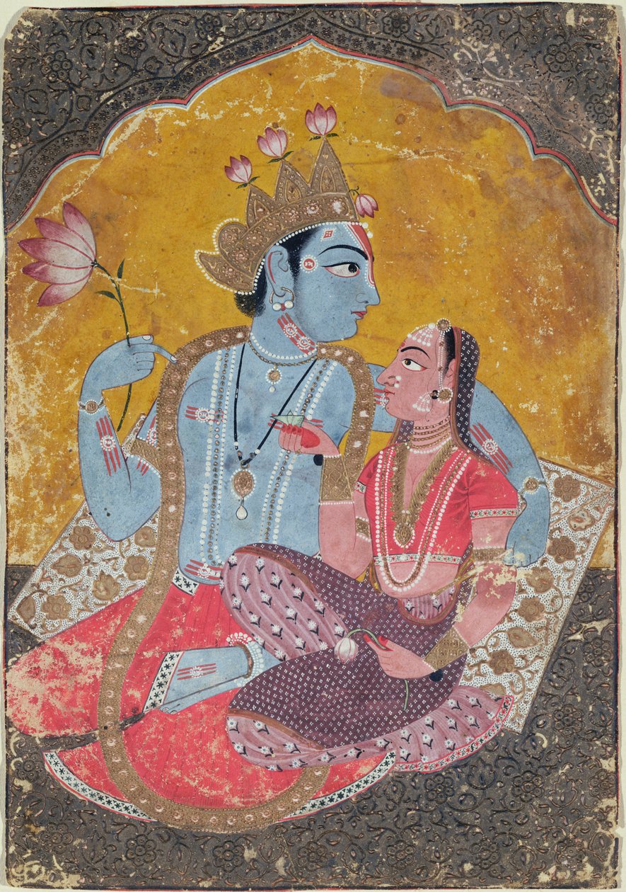 Krishna och Radha, ca 1690-1700 (ogenomskinlig wc med präglat guld på papper) av Indian School